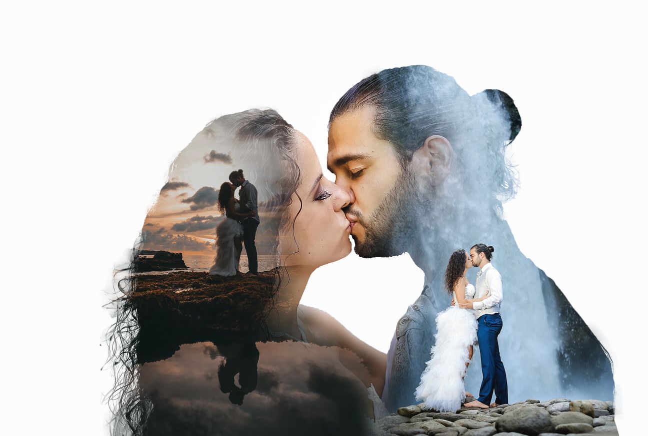 A double-exposure portrait layers a couple over a coastal scene