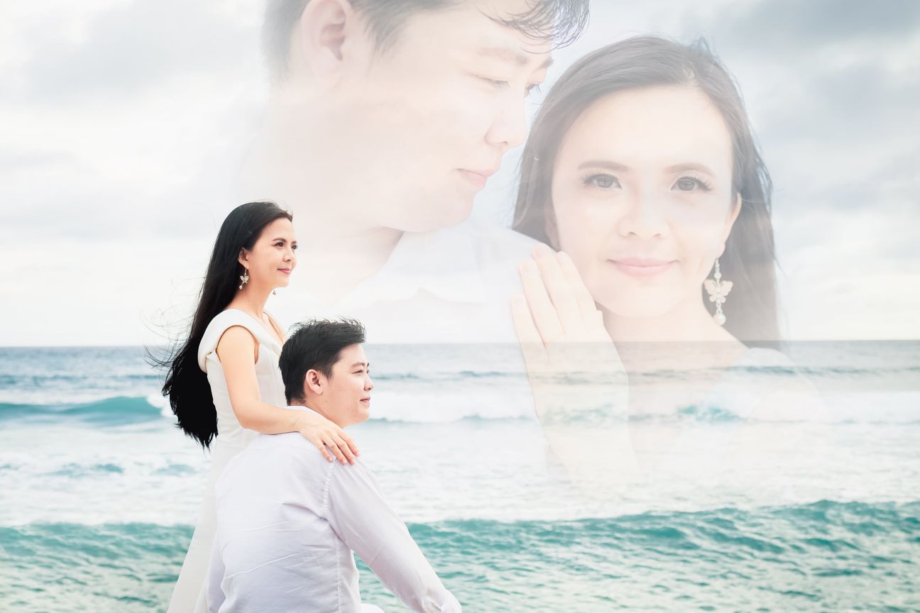 A double-exposure portrait layers a couple over a coastal scene