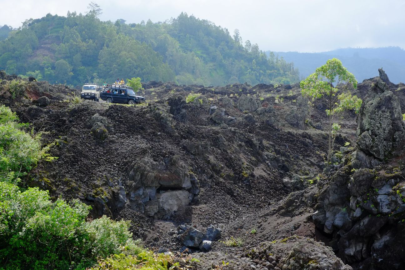 Two jeeps parked on a ridge of black lava rock below a forested slope