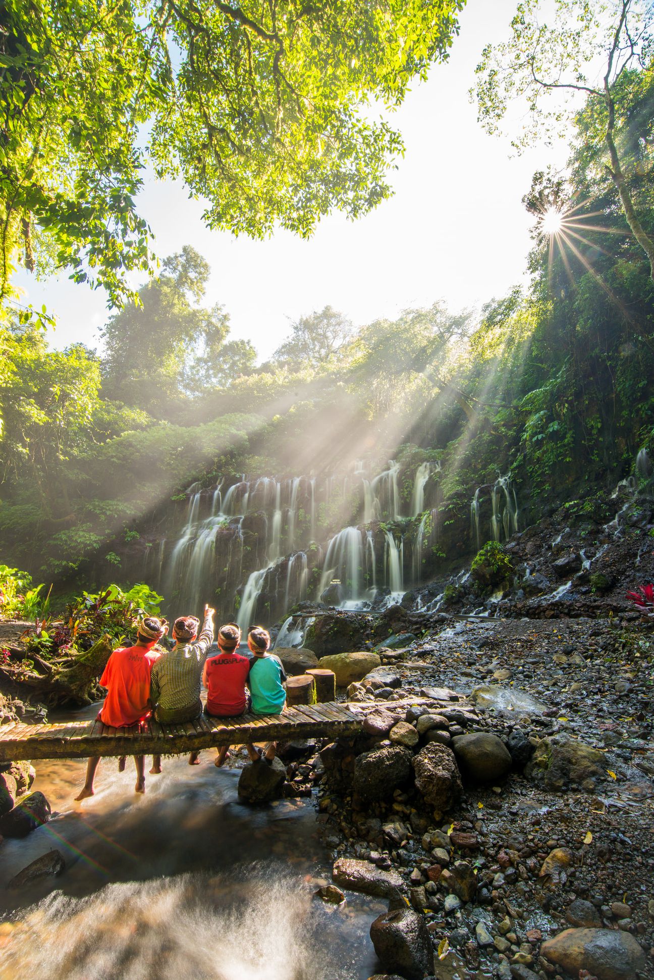 Sunbeams fall through a forest above visitors in red clothing