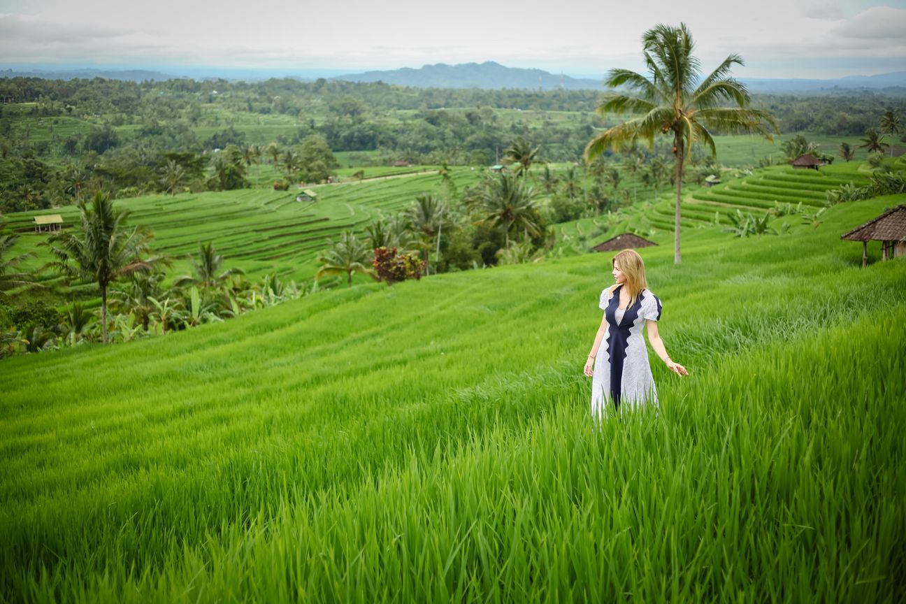 A traveller poses among vivid green rice terraces with mountains behind